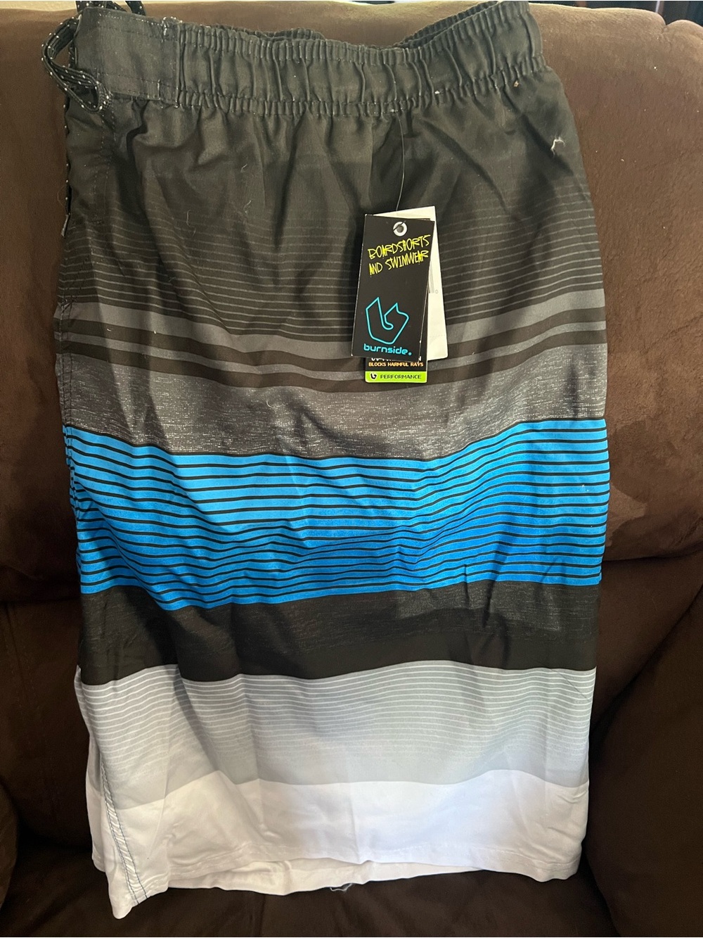 burnside Black, Blue, Gray & White Striped Swim Shorts
